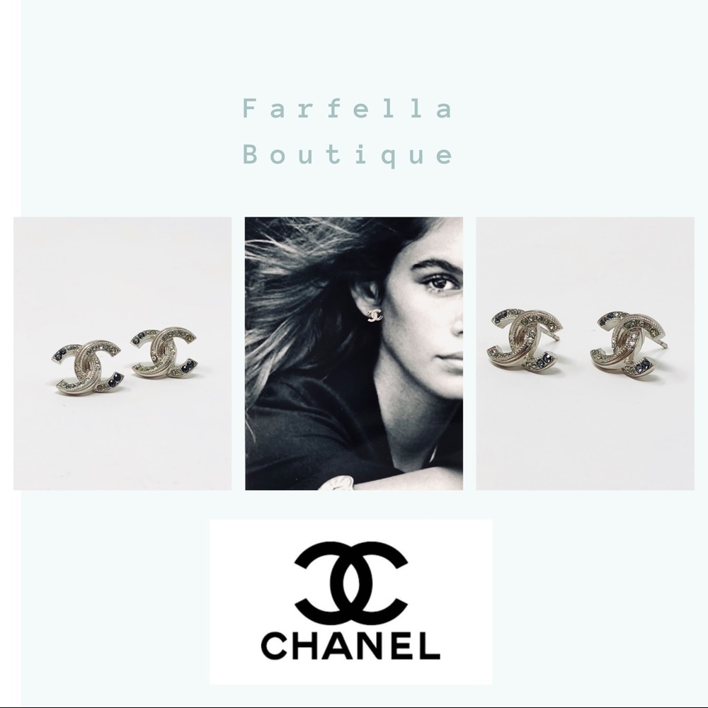 RARE Silver Chanel CC EARRINGS w Crystals textured